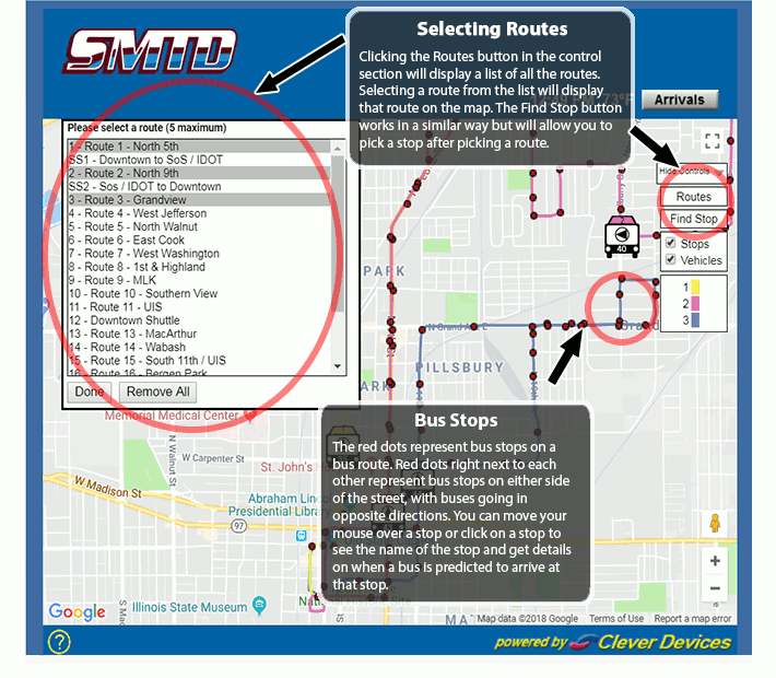 Selecting Routes - Clicking the Routes button in the control section will display a list of all the SMTD routes.  Selecting a route from the list will display that route on the map.  The Find Stop button works in a similar way but will allow you to pick a stop after picking a route.